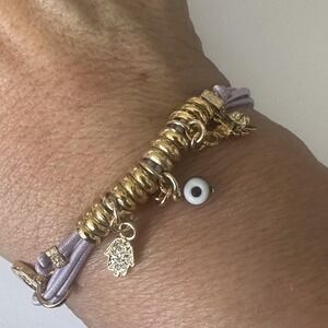 Blu Inara Bracelet Purple Cord Evil Eye Hamsa Charm Womens 7 Inch Gold Tone